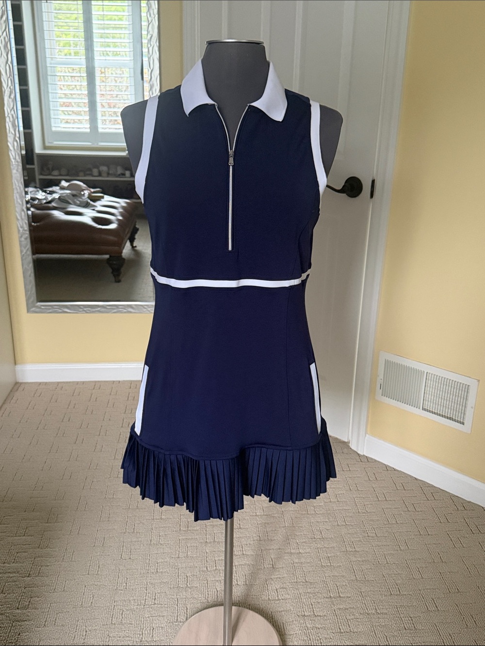 INPHORM Sleeveless Navy and White Zip-Front Pleated Hem Dress